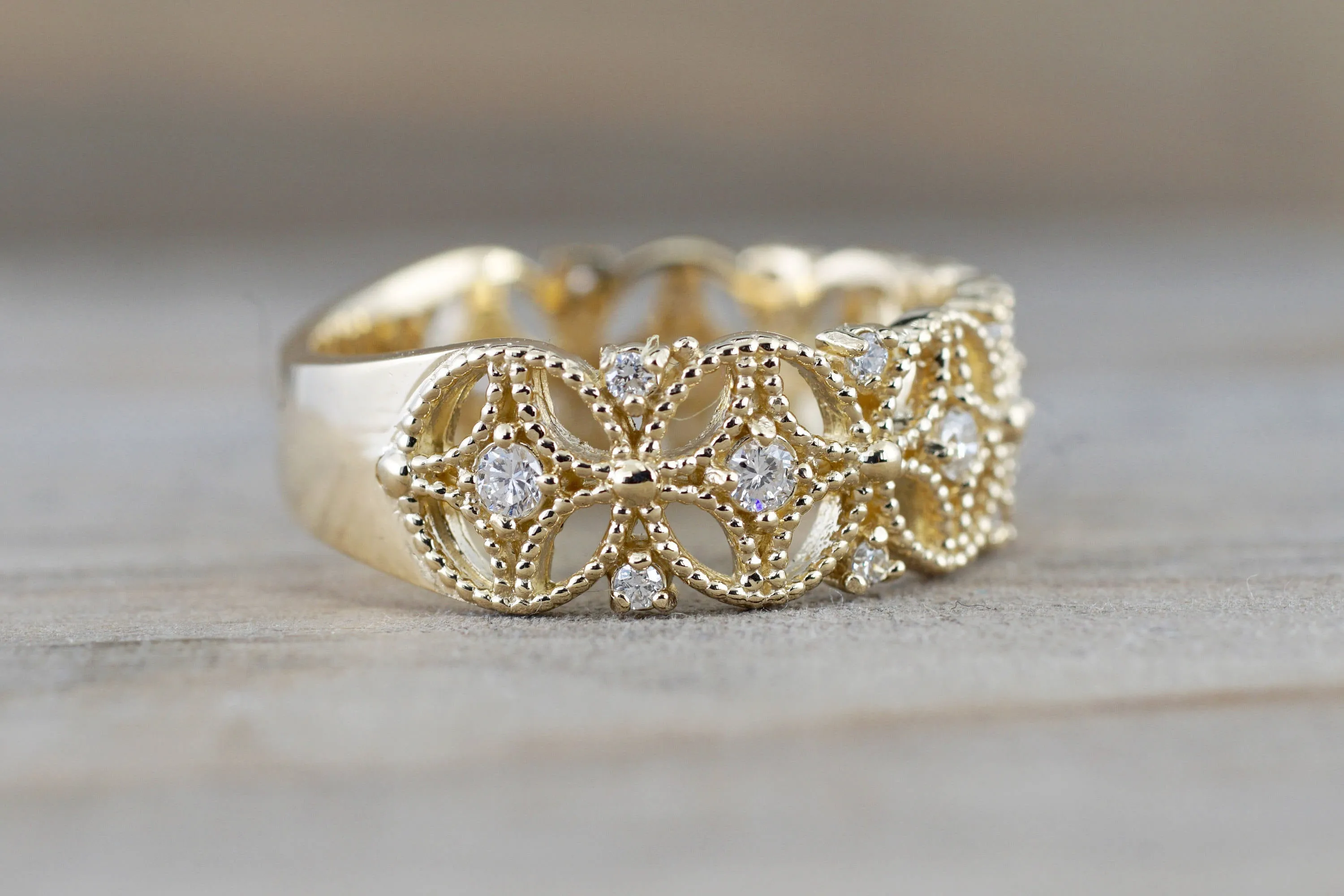 14k Yellow Gold Diamond Milgrain Etched Floral Vintage Anniversary Wedding Wide Right Hand Band Ring