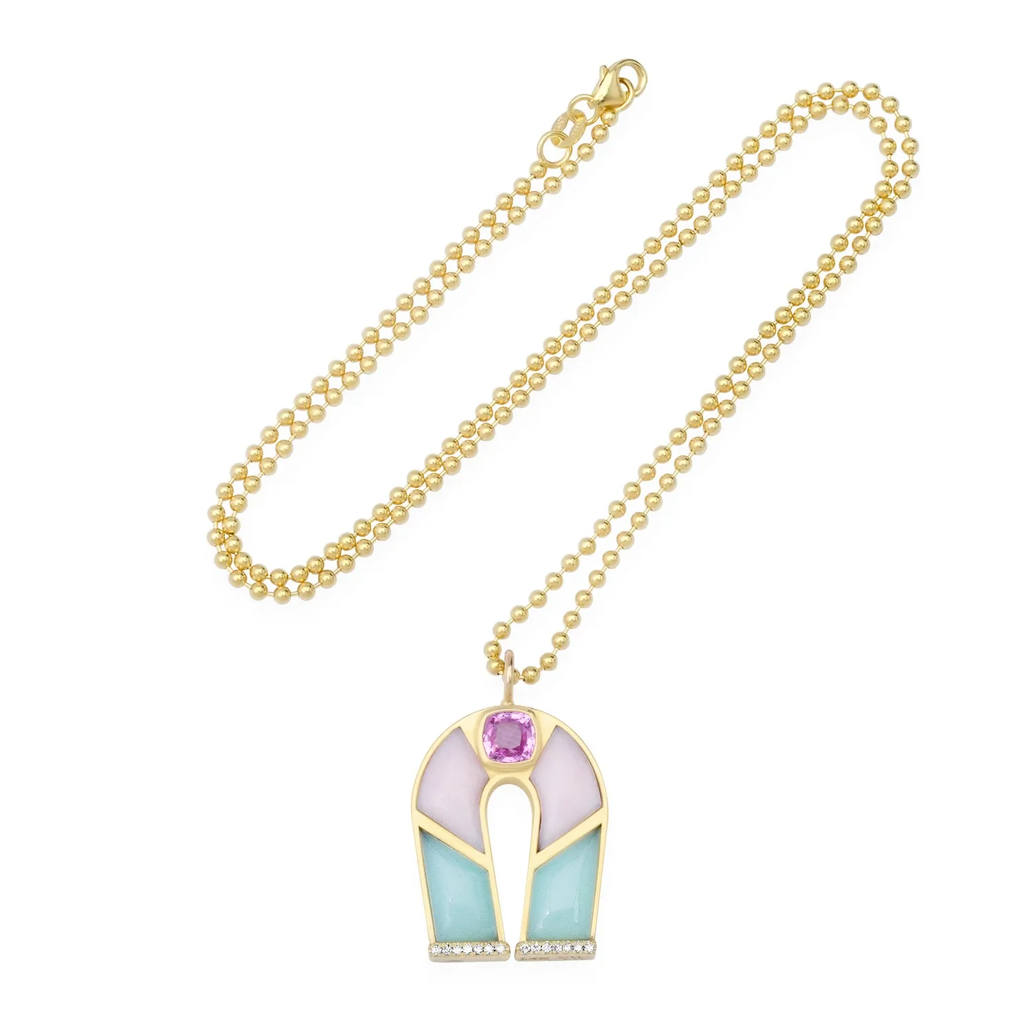 14K Yellow Gold Pink Sapphire, Chrysoprase and Pink Opal Inlay Horseshoe Necklace