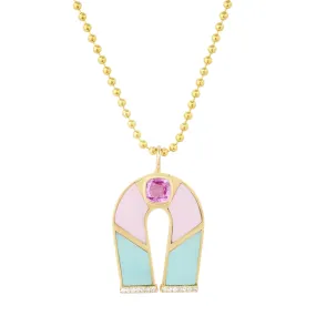 14K Yellow Gold Pink Sapphire, Chrysoprase and Pink Opal Inlay Horseshoe Necklace