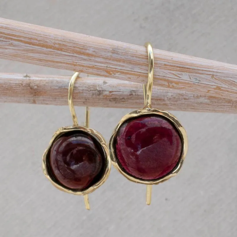 14K Yellow Gold Round Red Garnet 12mm Dangle Earrings