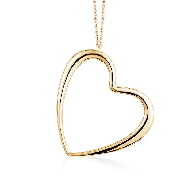 14K Yellow Gold Very Large Polished Shiny Modern Asymmetrical Heart on Long Strong  Rolo Chain 32