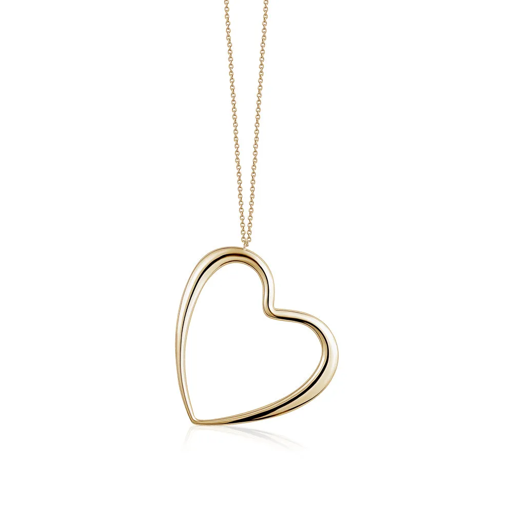 14K Yellow Gold Very Large Polished Shiny Modern Asymmetrical Heart on Long Strong  Rolo Chain 32