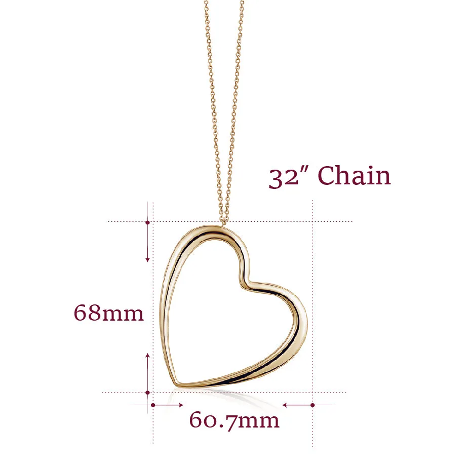 14K Yellow Gold Very Large Polished Shiny Modern Asymmetrical Heart on Long Strong  Rolo Chain 32