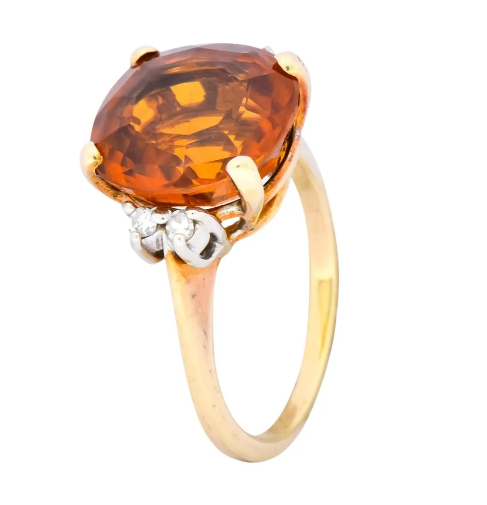 1940's Retro 4.65 CTW Citrine Diamond 14 Karat Gold Cocktail Ring