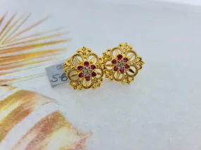 22K Solid Gold Zircon Floral Studs E22758