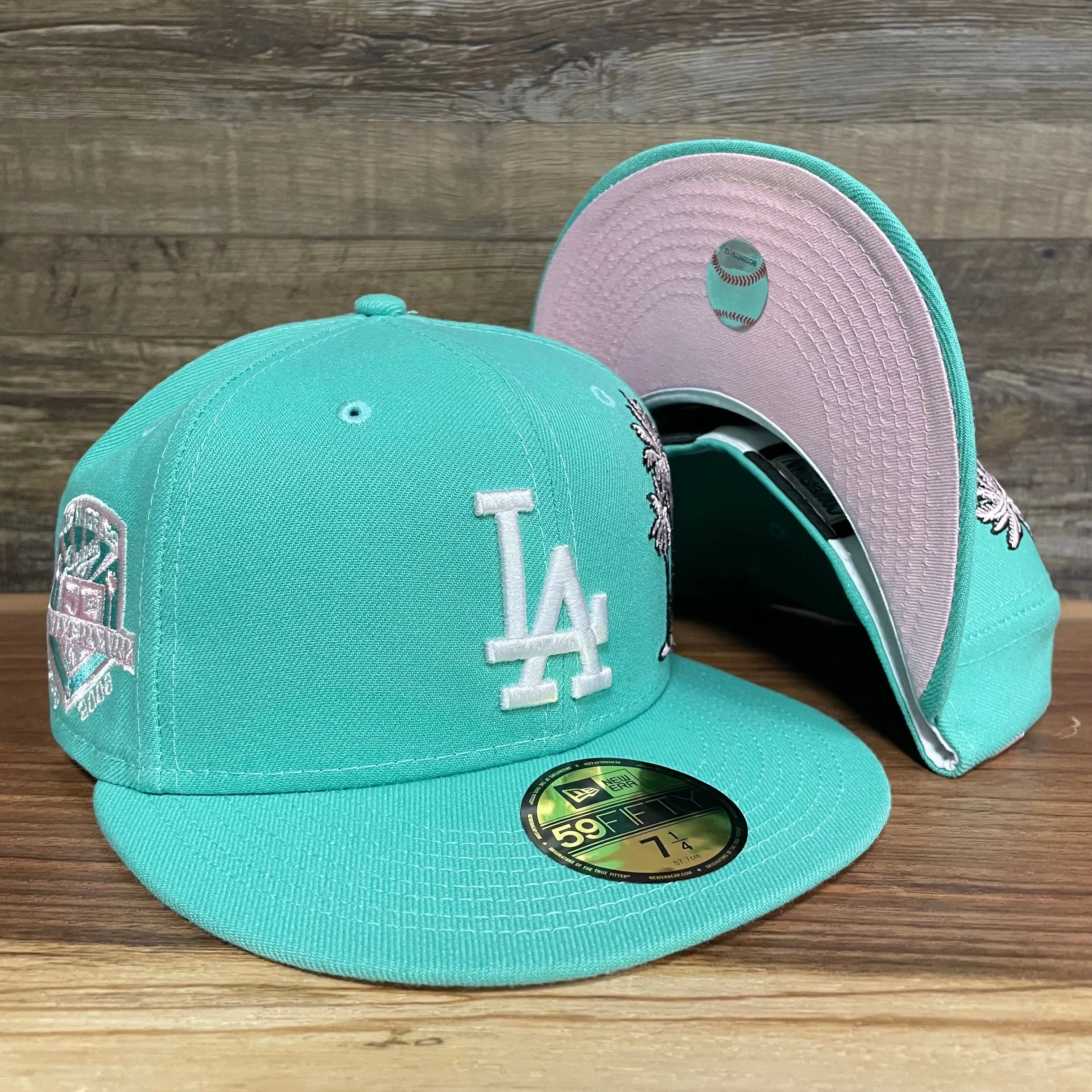 50th Anniversary Los Angeles Dodgers Palm Tree Pink Bottom Side Patch 5950 Fitted | Mint Flamingo