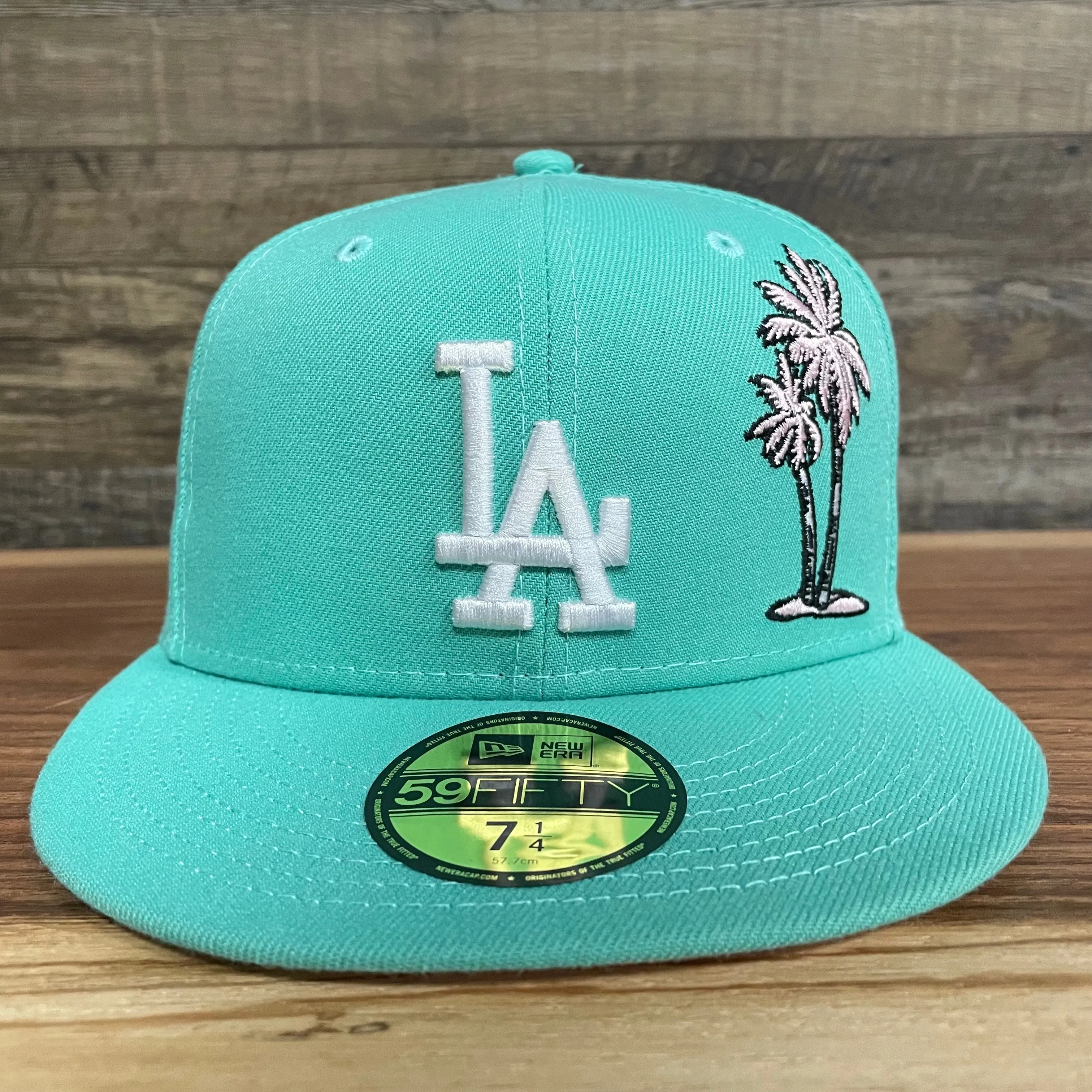 50th Anniversary Los Angeles Dodgers Palm Tree Pink Bottom Side Patch 5950 Fitted | Mint Flamingo