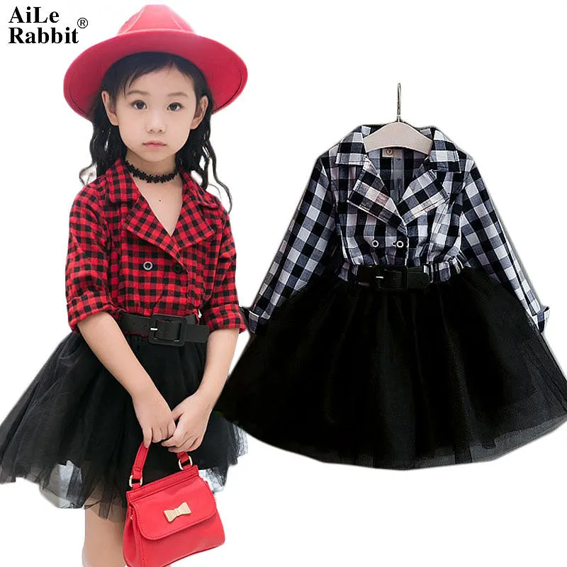 AiLe Rabbit  Girls Tutu Dresses Spring Autumn Full Sleeve Children's Clothing Plaid Lace Dress Outfits Kids Clothes k1