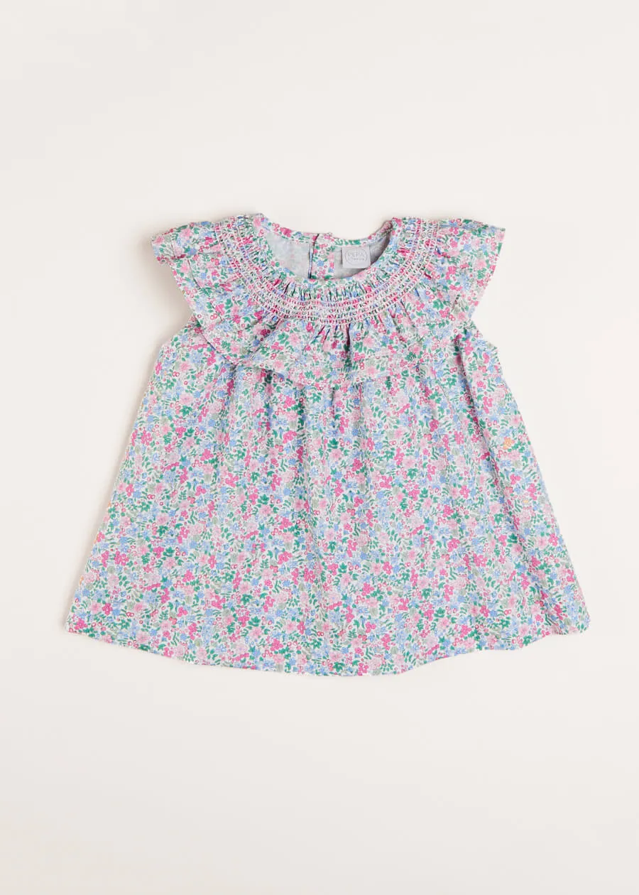 Amelia Floral Print Smock Detail Sleeveless Blouse in Pink (3-10yrs)