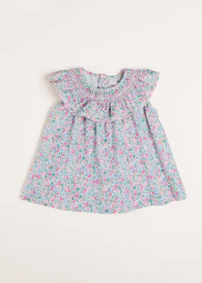 Amelia Floral Print Smock Detail Sleeveless Blouse in Pink (3-10yrs)