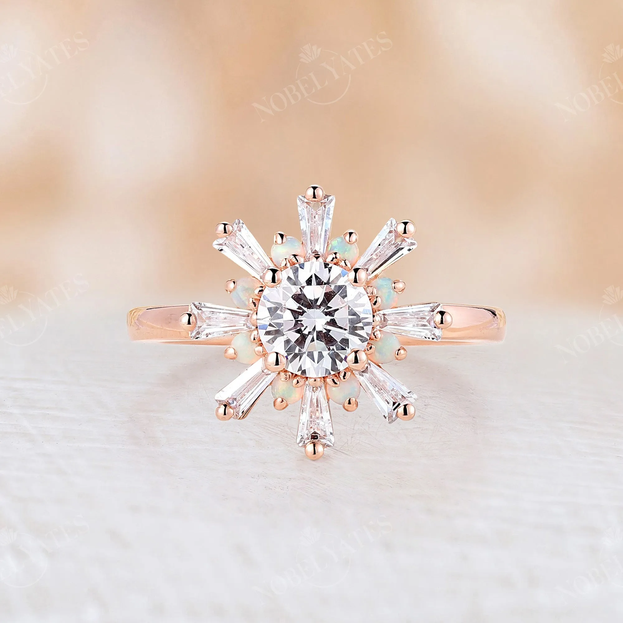 Art Deco Round Cut Moissanite Floral Engagement Ring Rose Gold