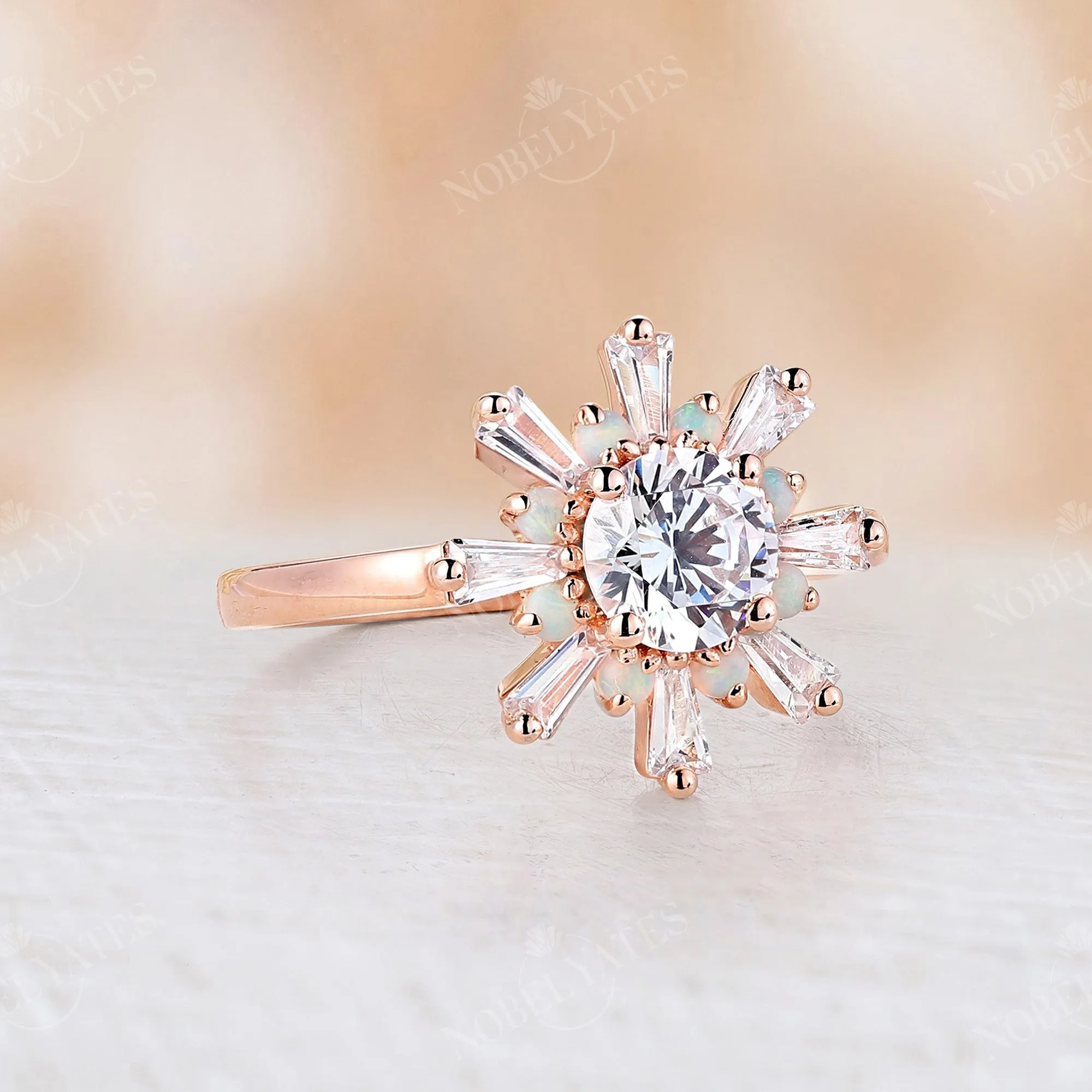 Art Deco Round Cut Moissanite Floral Engagement Ring Rose Gold