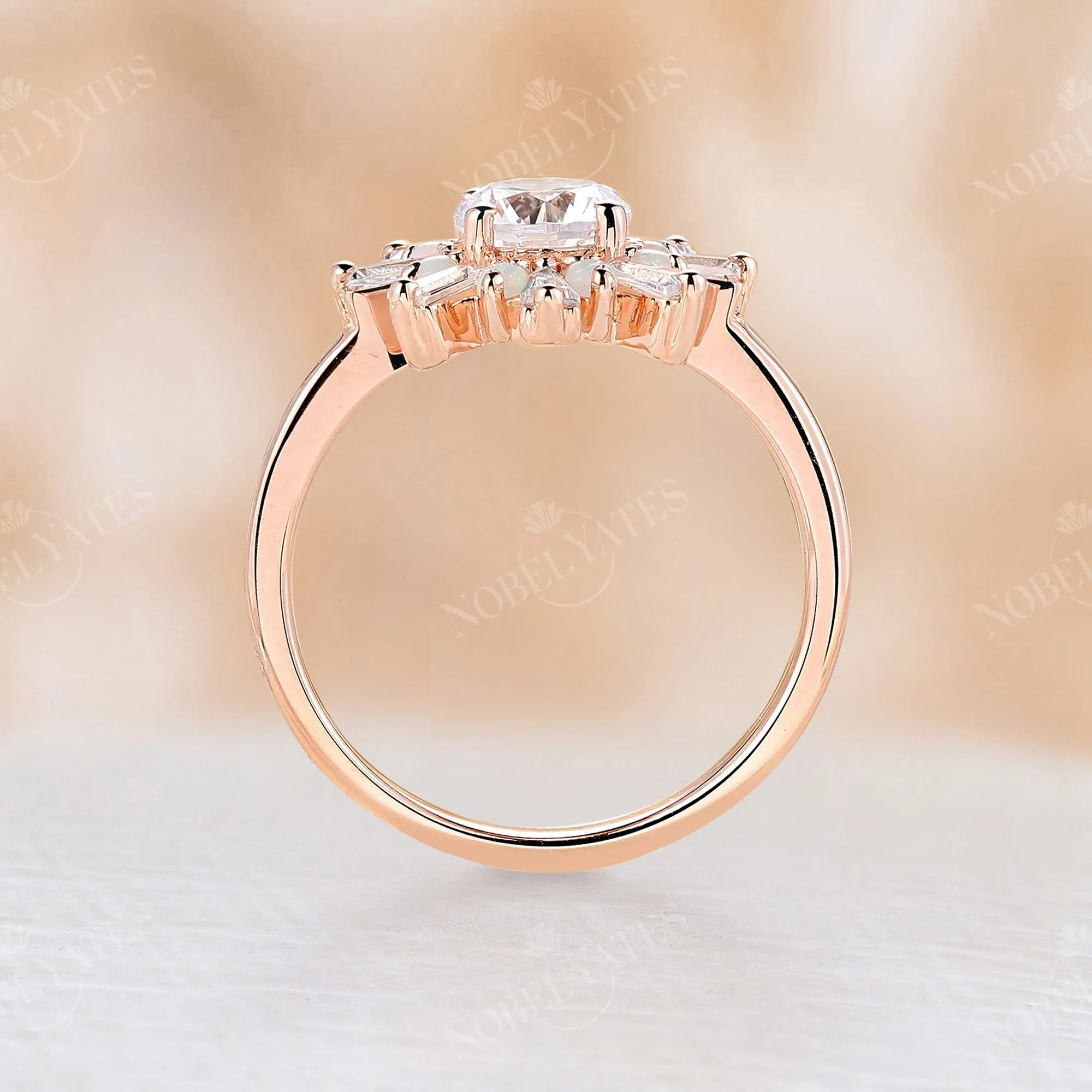 Art Deco Round Cut Moissanite Floral Engagement Ring Rose Gold