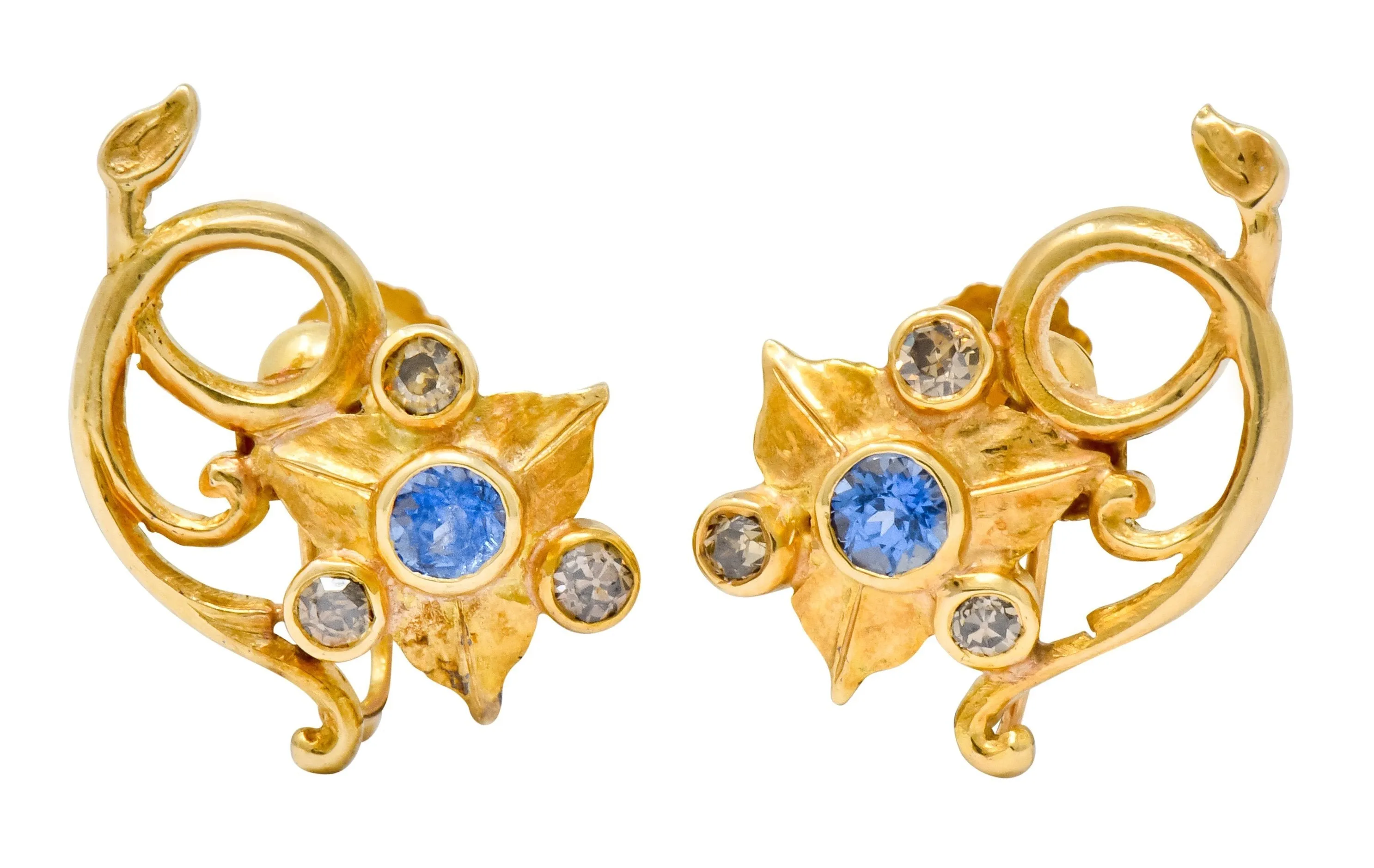 Art Nouveau Sapphire Fancy Colored Diamond 14 Karat Gold Floral Ivy Screwback Earrings