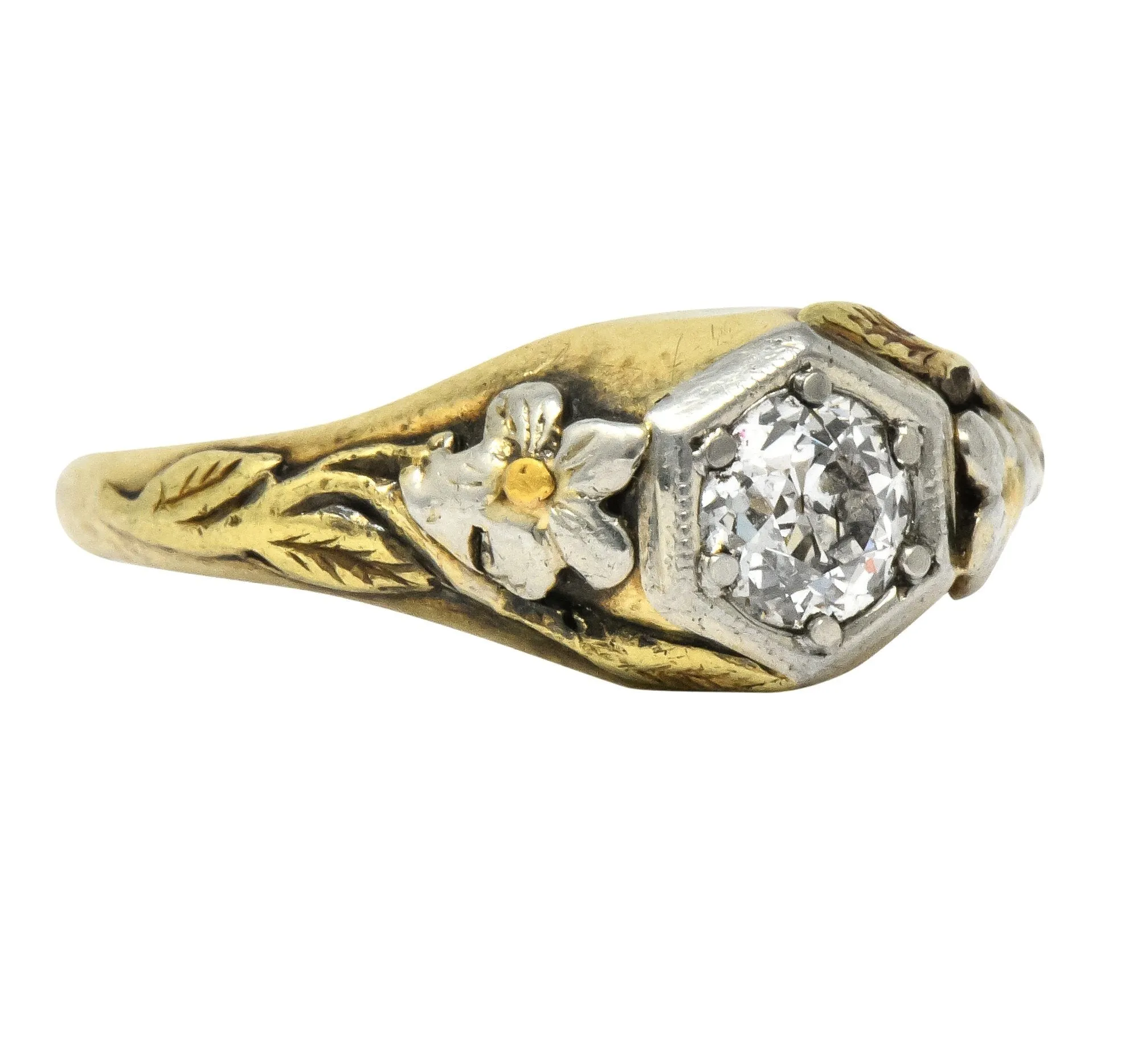 Arts & Crafts 0.42 CTW Diamond 14 Karat Tri-Colored Gold Floral Engagement Ring