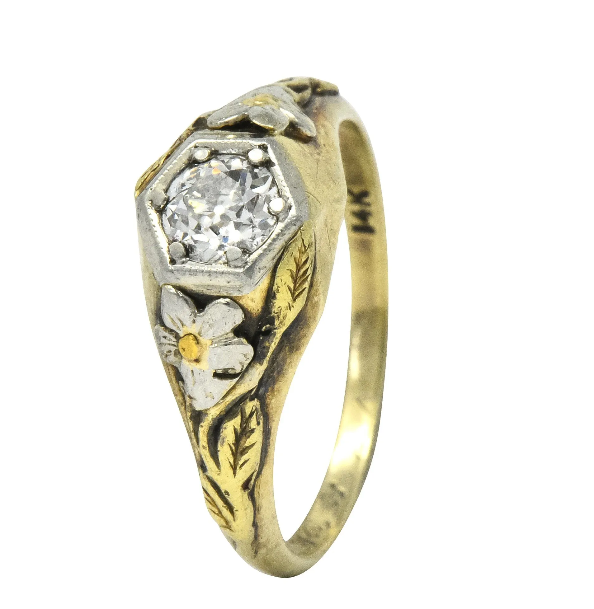 Arts & Crafts 0.42 CTW Diamond 14 Karat Tri-Colored Gold Floral Engagement Ring