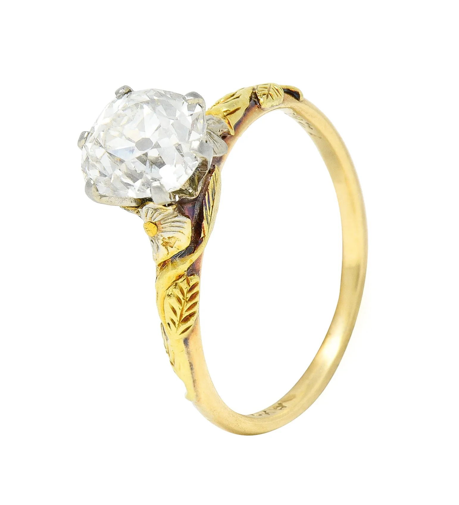 Arts & Crafts 1921 1.28 CTW Old Mine Cut Diamond 14 Karat Tri-Gold Floral Antique Engagement Ring