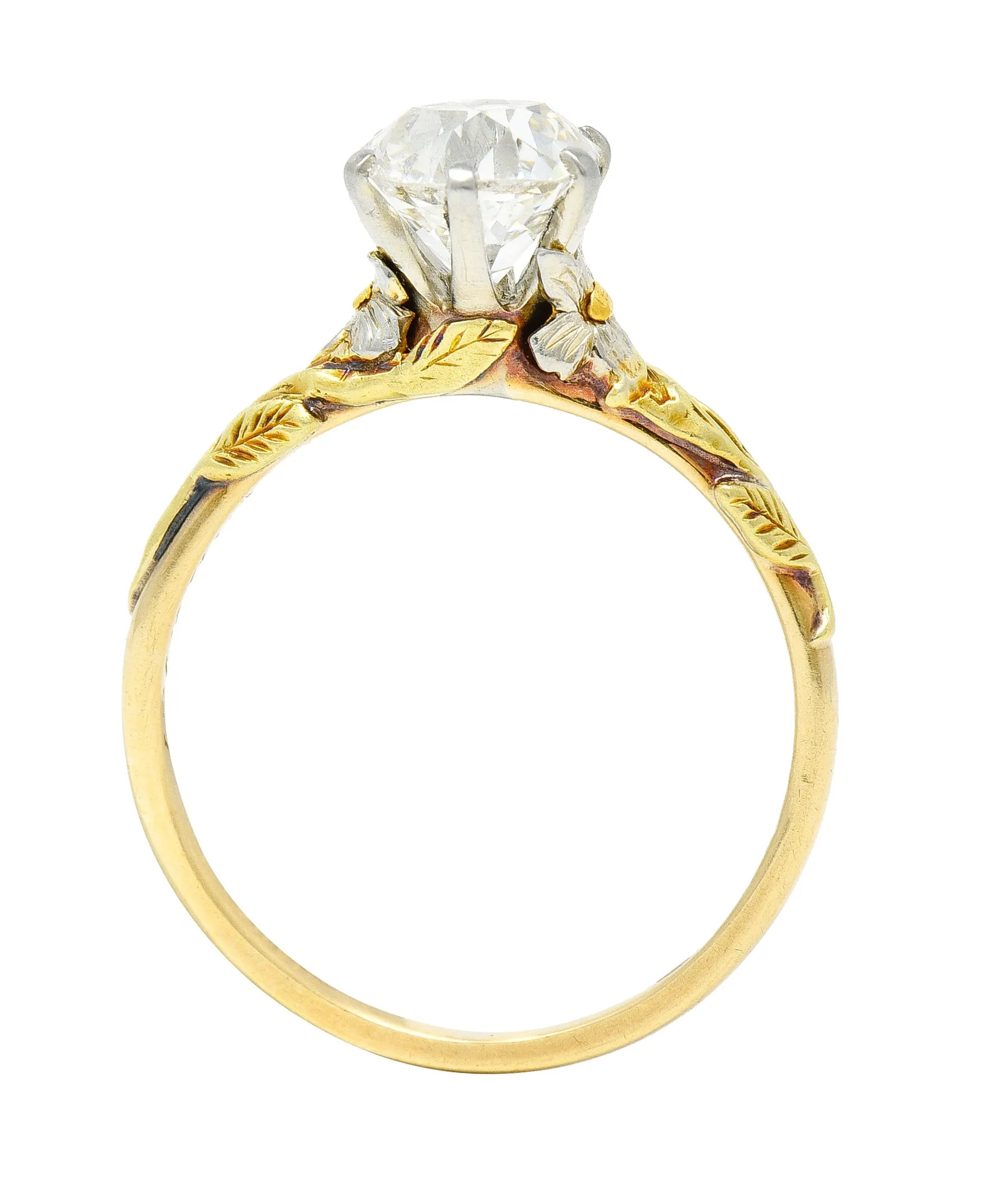 Arts & Crafts 1921 1.28 CTW Old Mine Cut Diamond 14 Karat Tri-Gold Floral Antique Engagement Ring