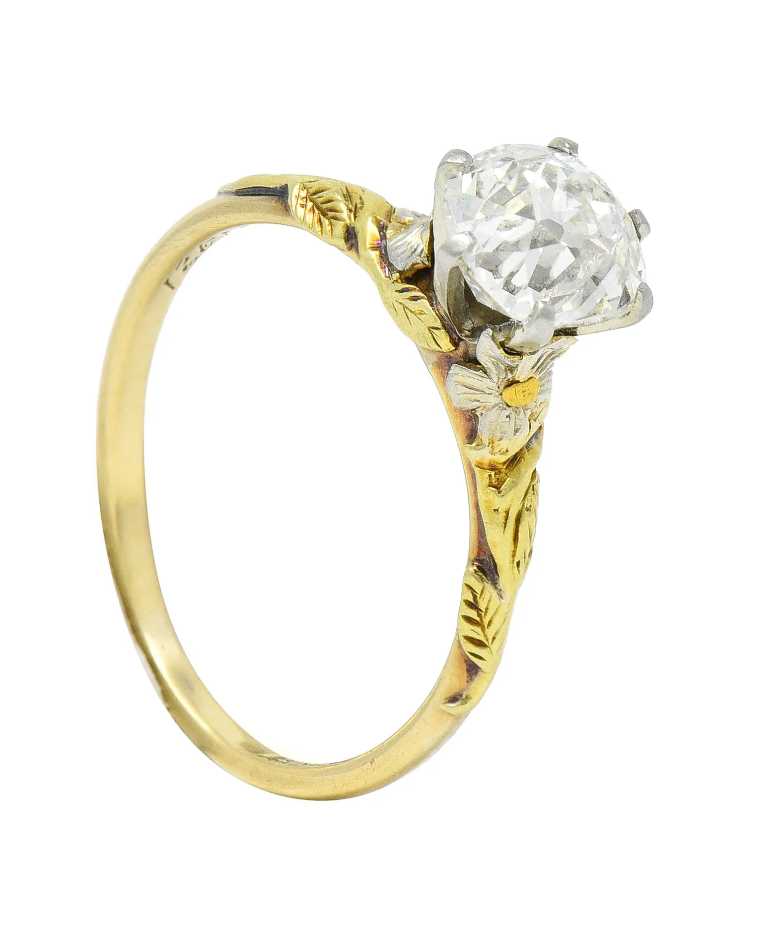 Arts & Crafts 1921 1.28 CTW Old Mine Cut Diamond 14 Karat Tri-Gold Floral Antique Engagement Ring