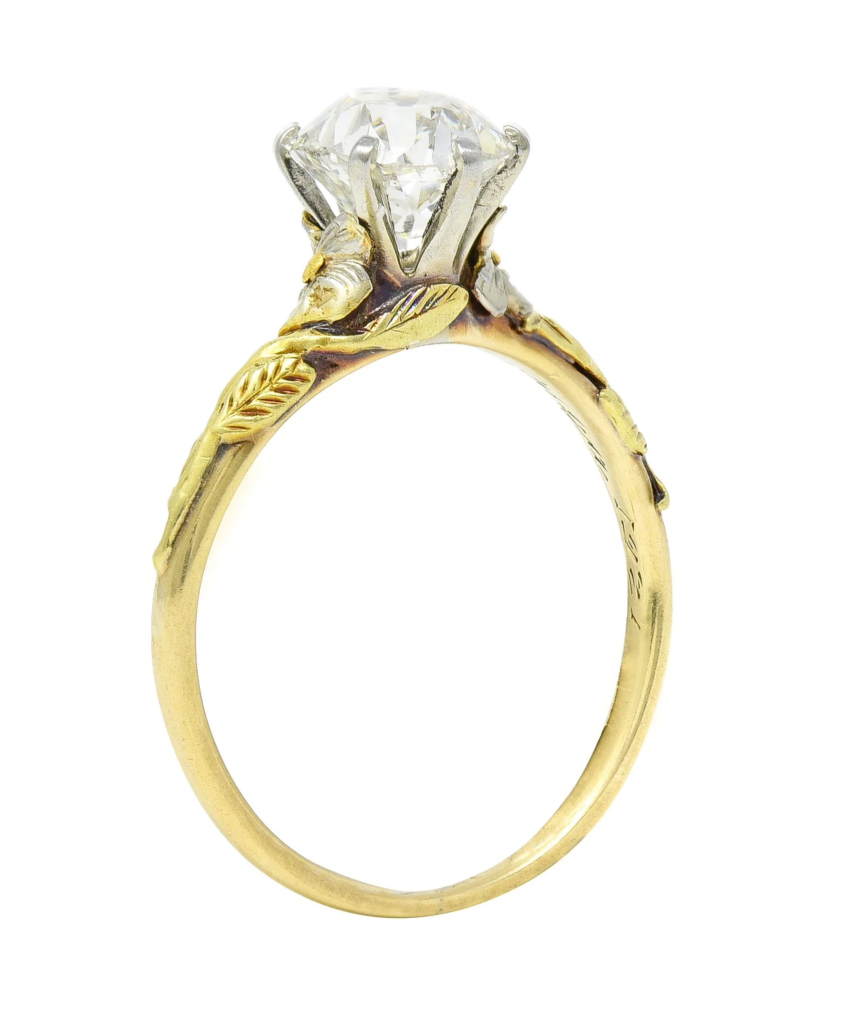 Arts & Crafts 1921 1.28 CTW Old Mine Cut Diamond 14 Karat Tri-Gold Floral Antique Engagement Ring