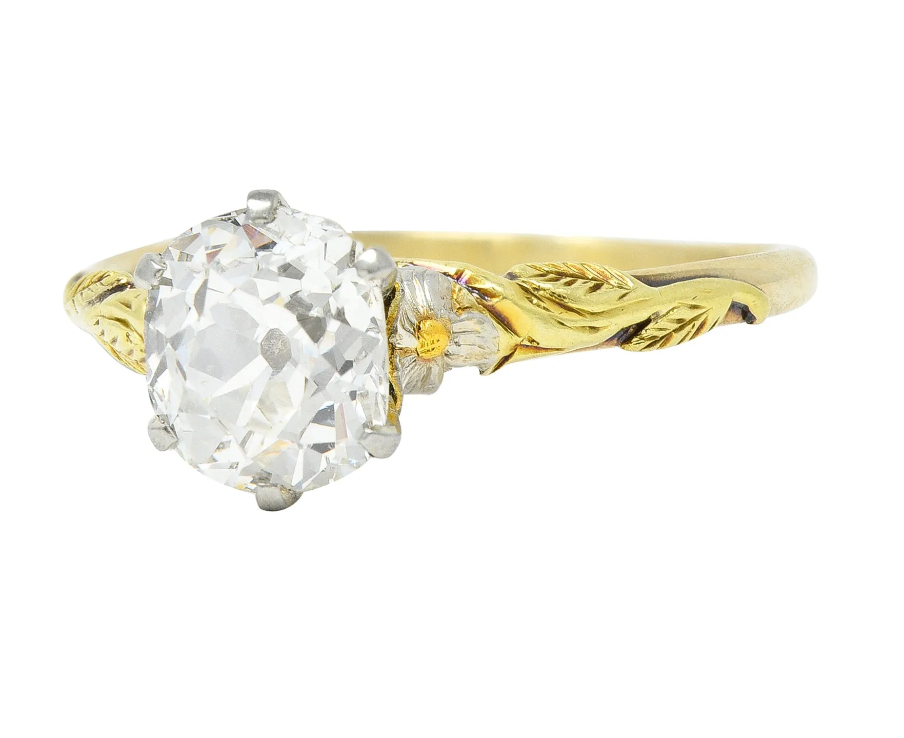 Arts & Crafts 1921 1.28 CTW Old Mine Cut Diamond 14 Karat Tri-Gold Floral Antique Engagement Ring