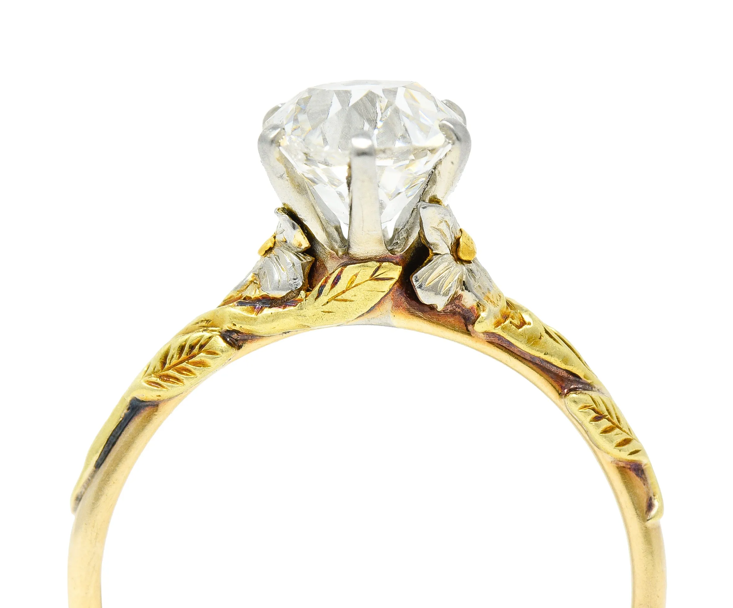 Arts & Crafts 1921 1.28 CTW Old Mine Cut Diamond 14 Karat Tri-Gold Floral Antique Engagement Ring