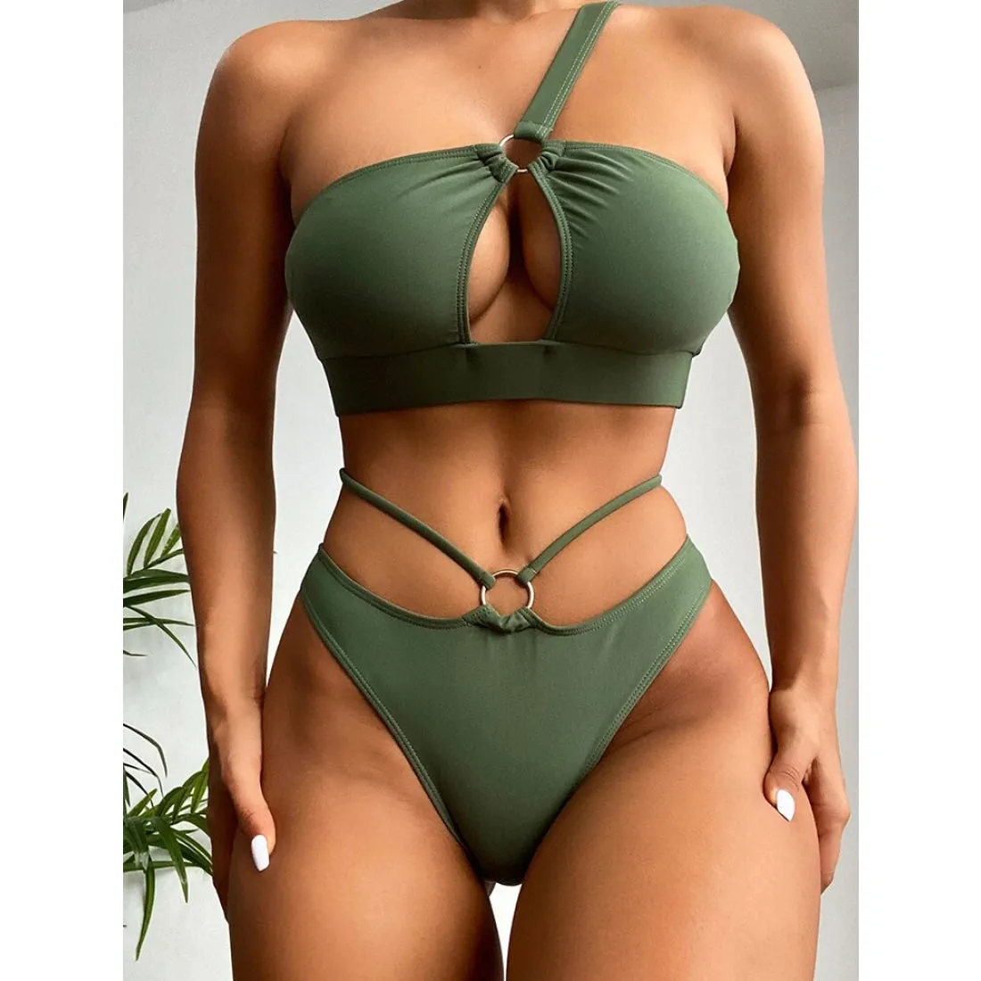 Bandeau Swimsuit Off Shoulder Hollow Out Solid Color Bra and Thong Bikini Set