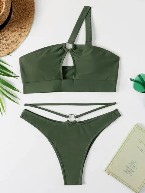 Bandeau Swimsuit Off Shoulder Hollow Out Solid Color Bra and Thong Bikini Set