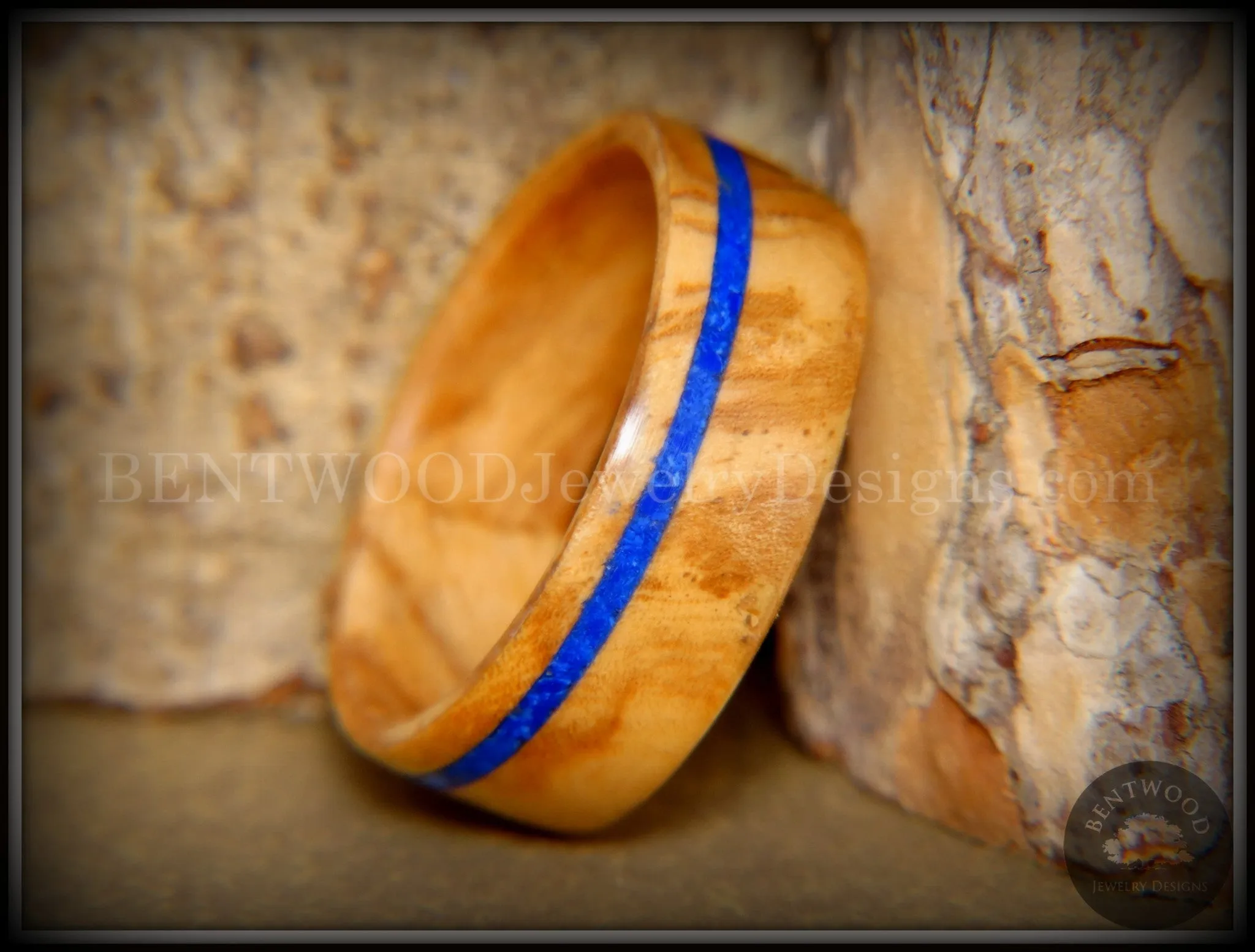 Bentwood Ring - Bethlehem Olive Wood Ring with Offset Blue Lapis Inlay