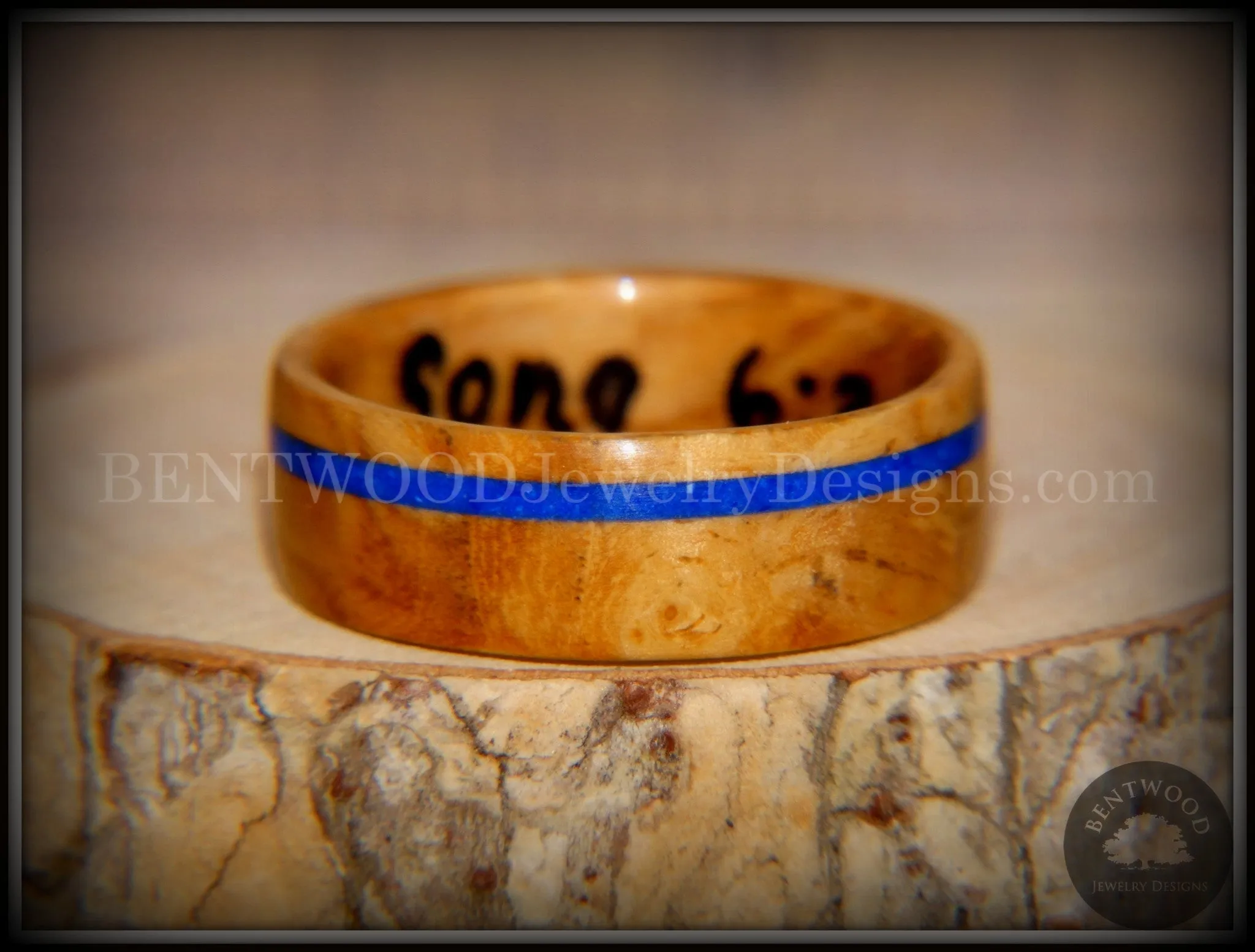 Bentwood Ring - Bethlehem Olive Wood Ring with Offset Blue Lapis Inlay