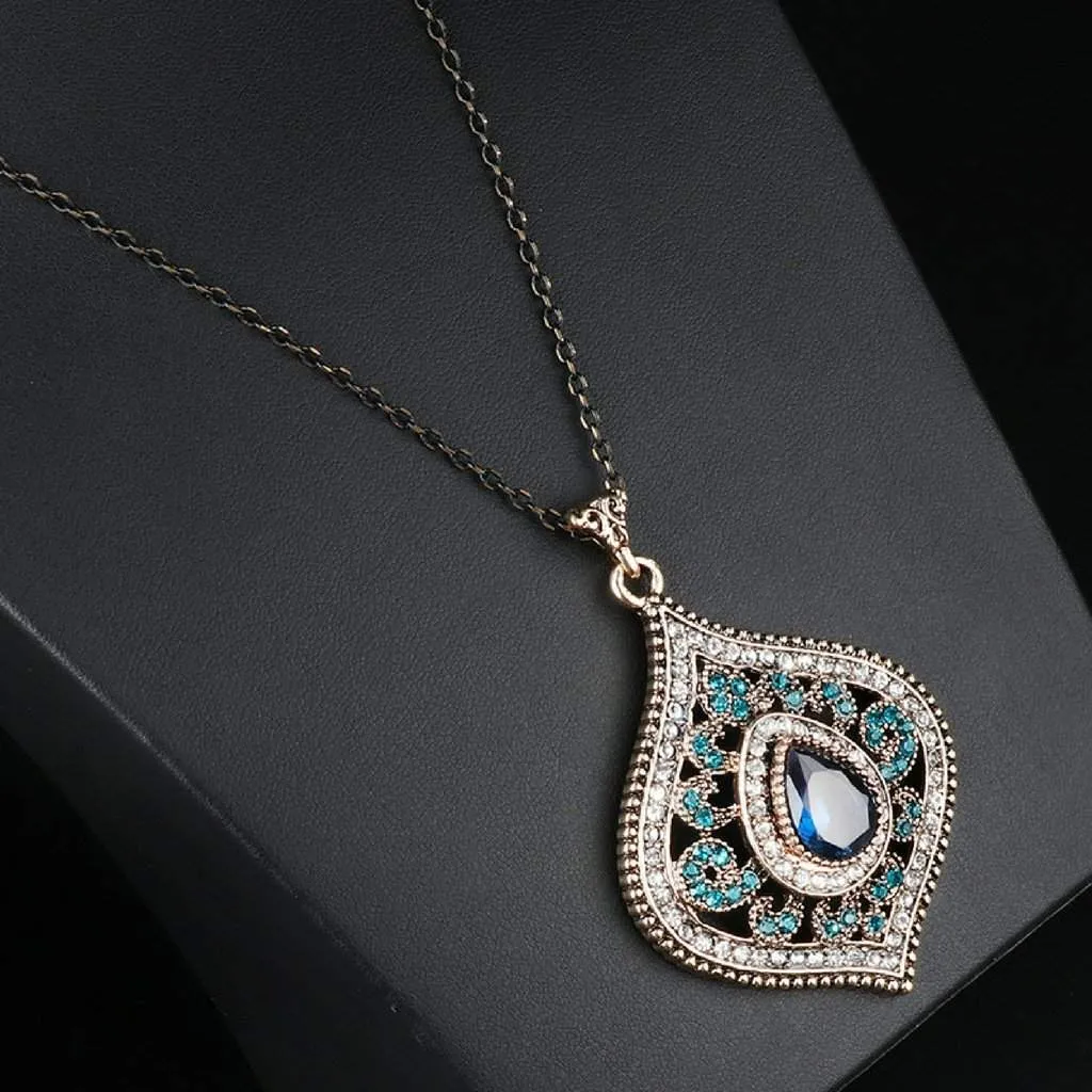 Blue Crystal Antique Gold Pendant Necklace