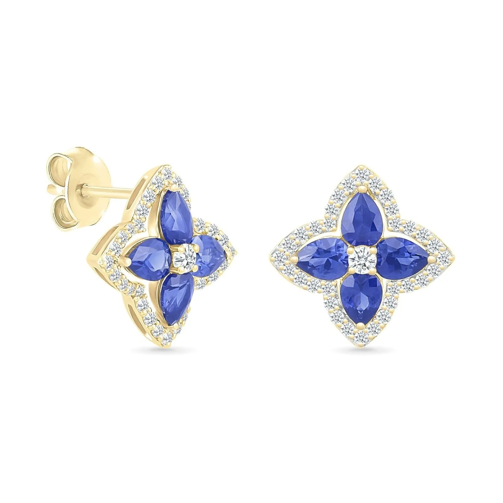 Blue Sapphire Clover Stud Earrings with White Sapphire Halo