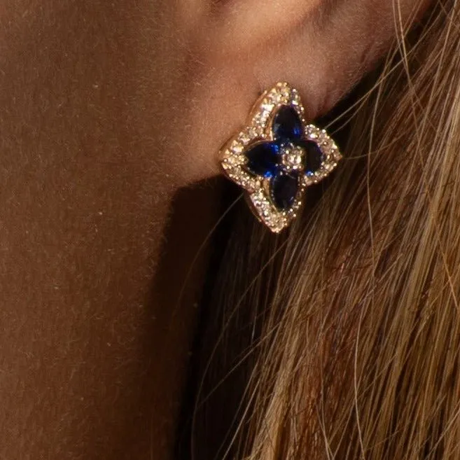 Blue Sapphire Clover Stud Earrings with White Sapphire Halo