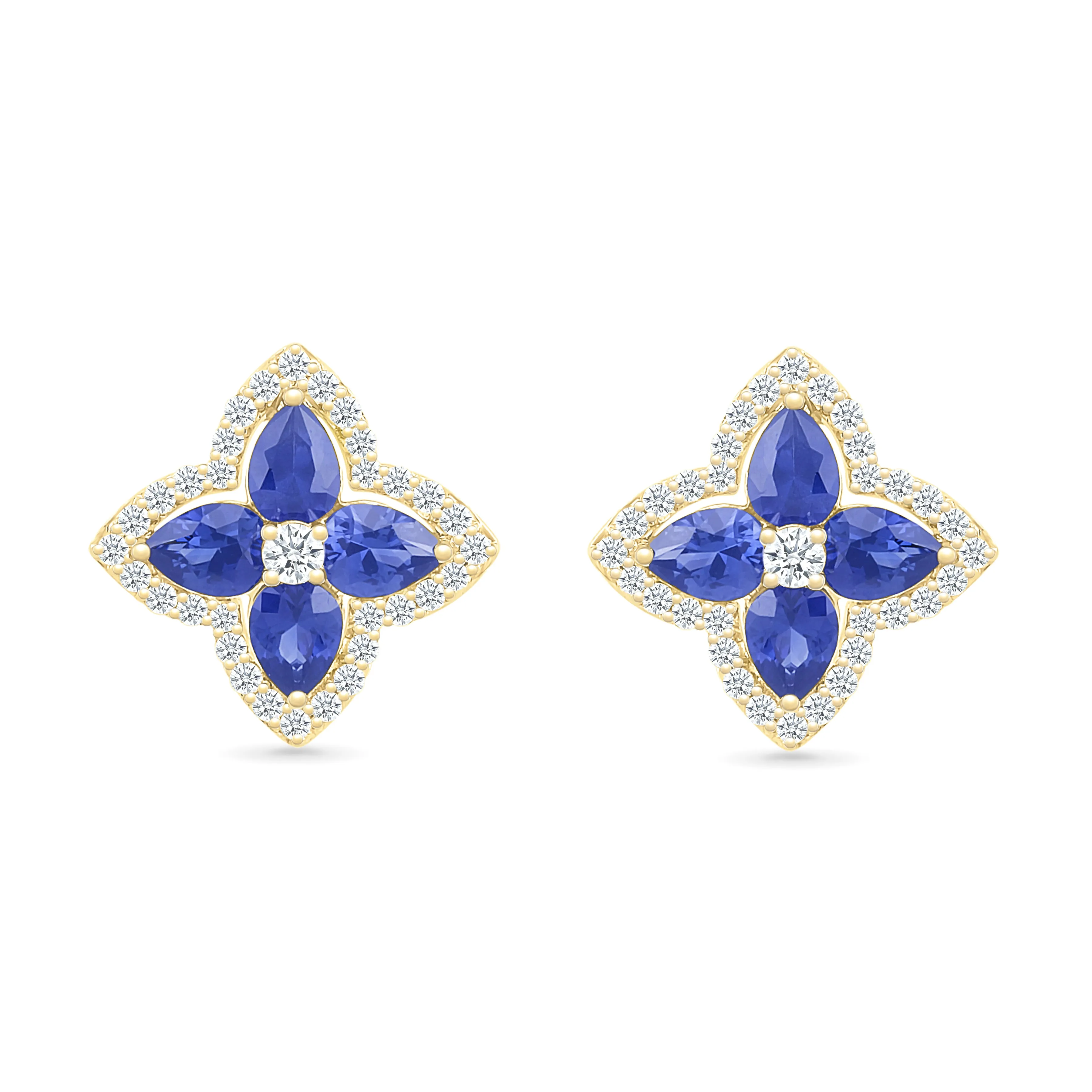 Blue Sapphire Clover Stud Earrings with White Sapphire Halo