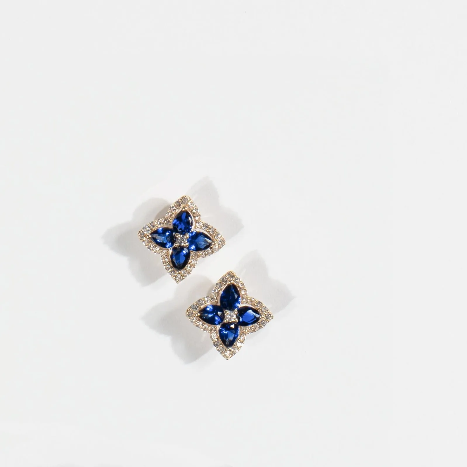 Blue Sapphire Clover Stud Earrings with White Sapphire Halo