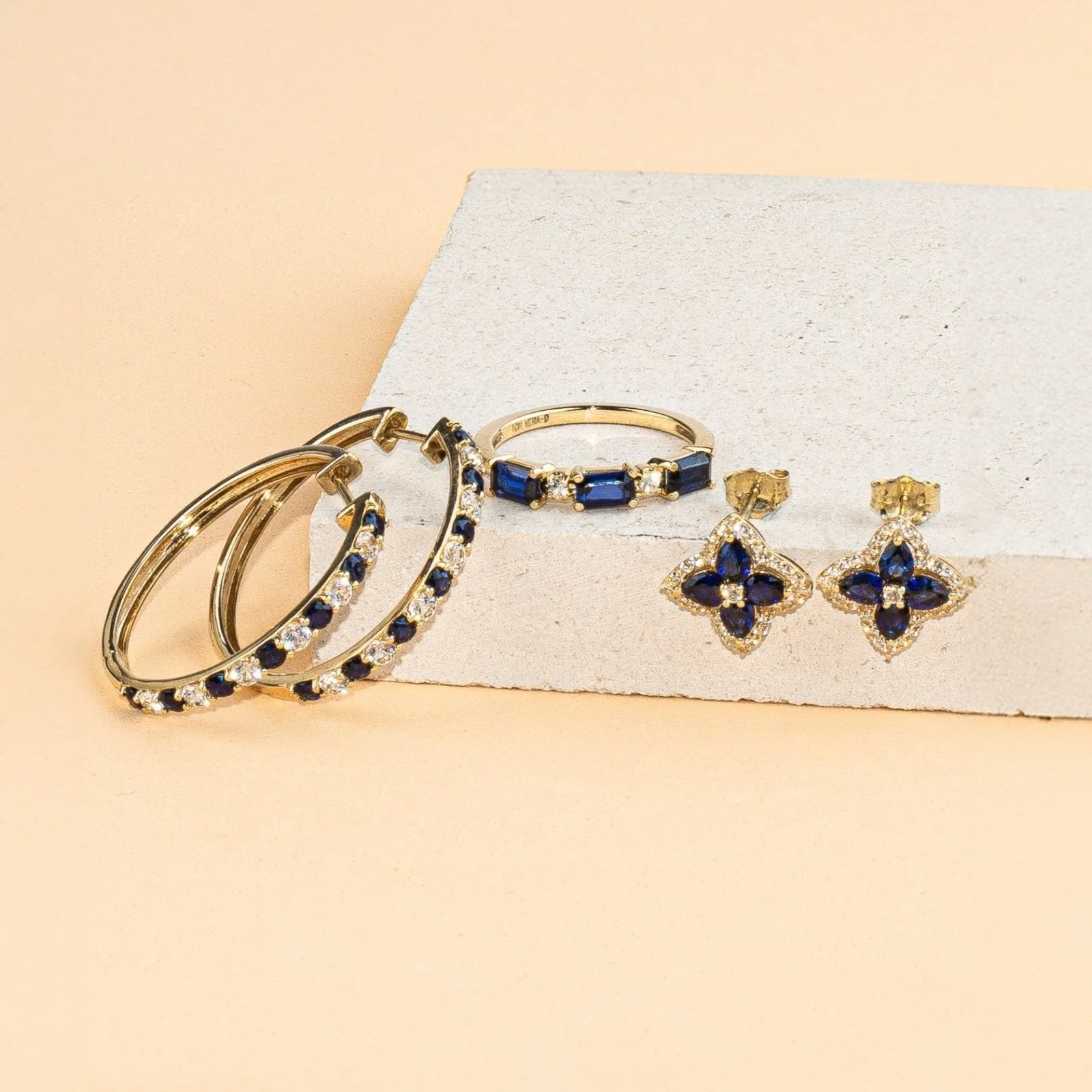 Blue Sapphire Clover Stud Earrings with White Sapphire Halo