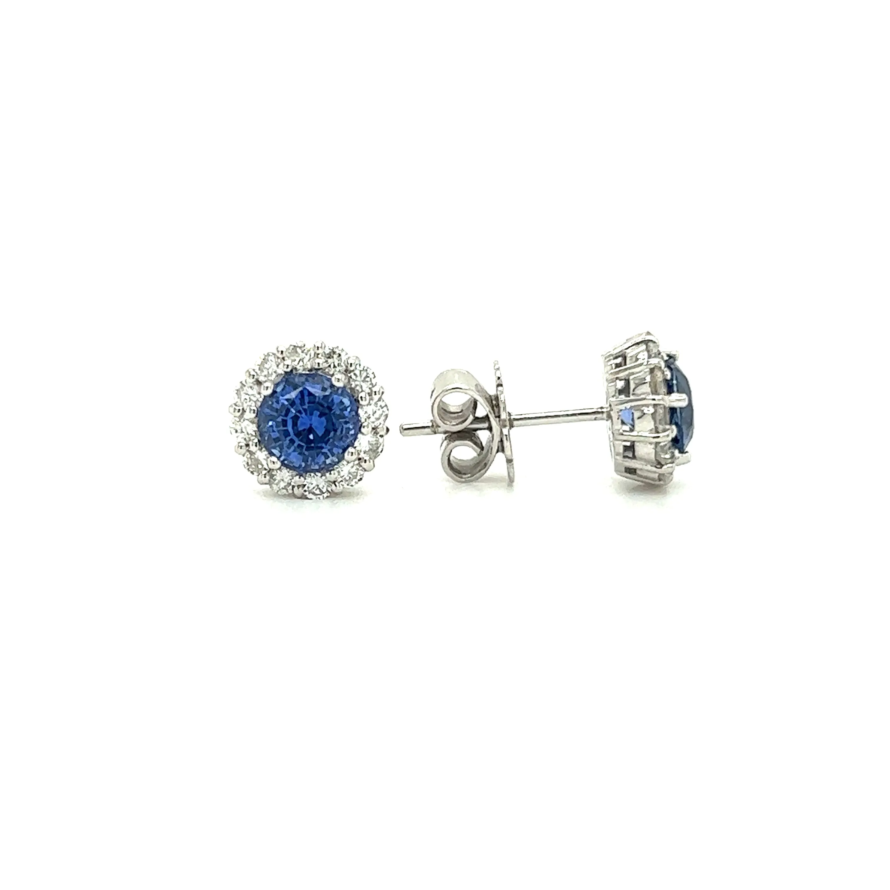 Blue Sapphire Stud Earrings with 0.53ctw of Diamond in 14K White Gold