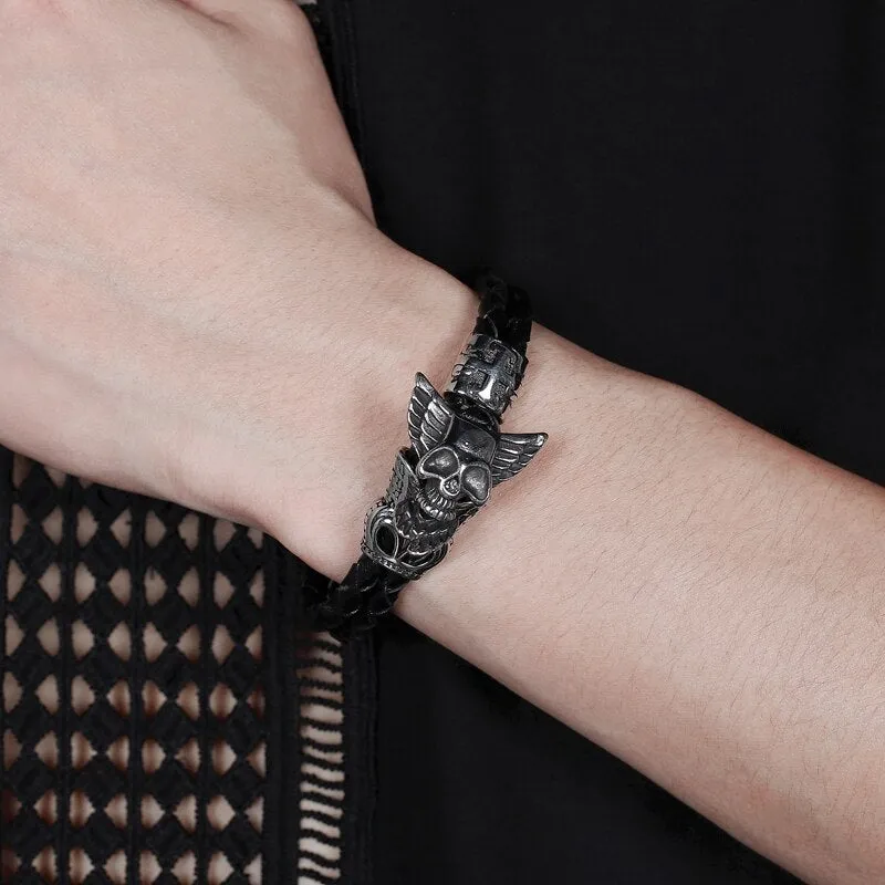 Braided Leather Punk Feather Wings Skull Bracelet