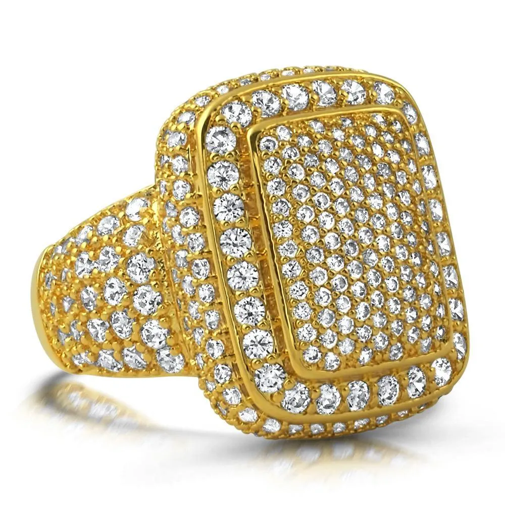 Cocktail Chunky Ice Bling Bling CZ Mens Ring in Gold