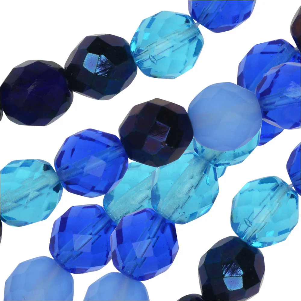 Czech Fire Polished Glass Beads, Faceted Round 10mm, Blue Tones Mix (50 Pieces)