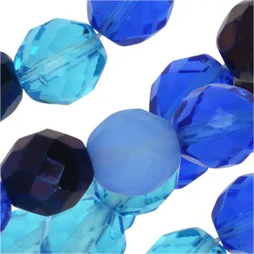 Czech Fire Polished Glass Beads, Faceted Round 10mm, Blue Tones Mix (50 Pieces)