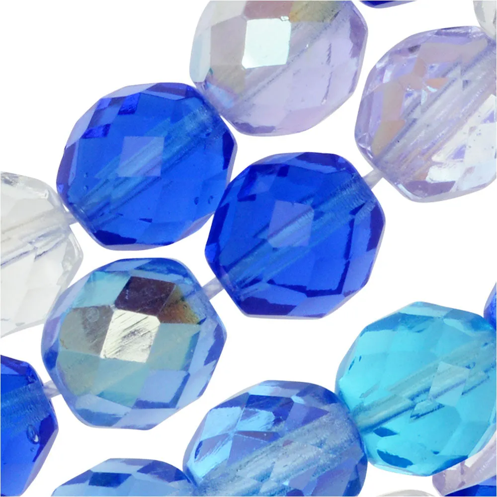 Czech Fire Polished Glass Beads, Faceted Round 10mm, Carribean Blue Mix (50 Pieces)