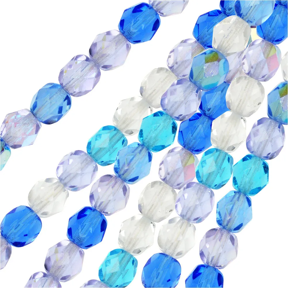 Czech Fire Polished Glass Beads, Faceted Round 6mm, Carribean Blue Mix (50 Pieces)