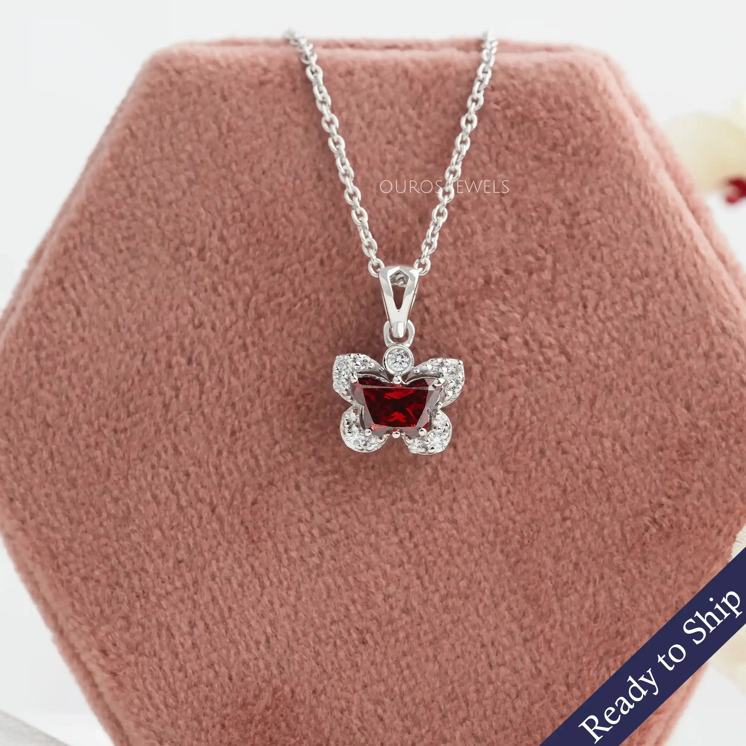 Daily Wear Red Butterfly Cut Lab Diamond Halo Pendant