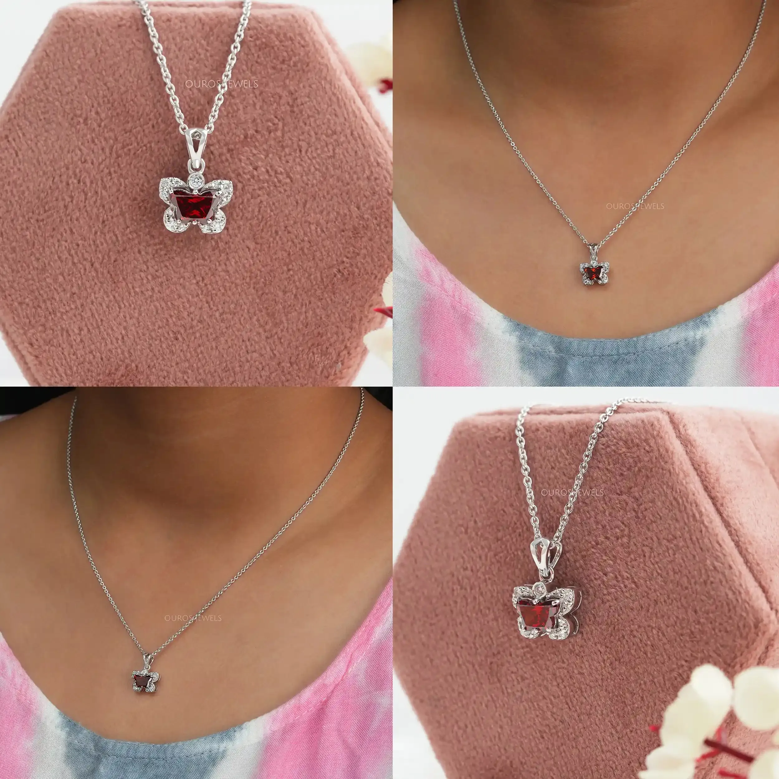 Daily Wear Red Butterfly Cut Lab Diamond Halo Pendant