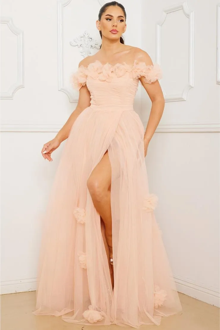 Darla Nude Pink Tulle Floral Gown