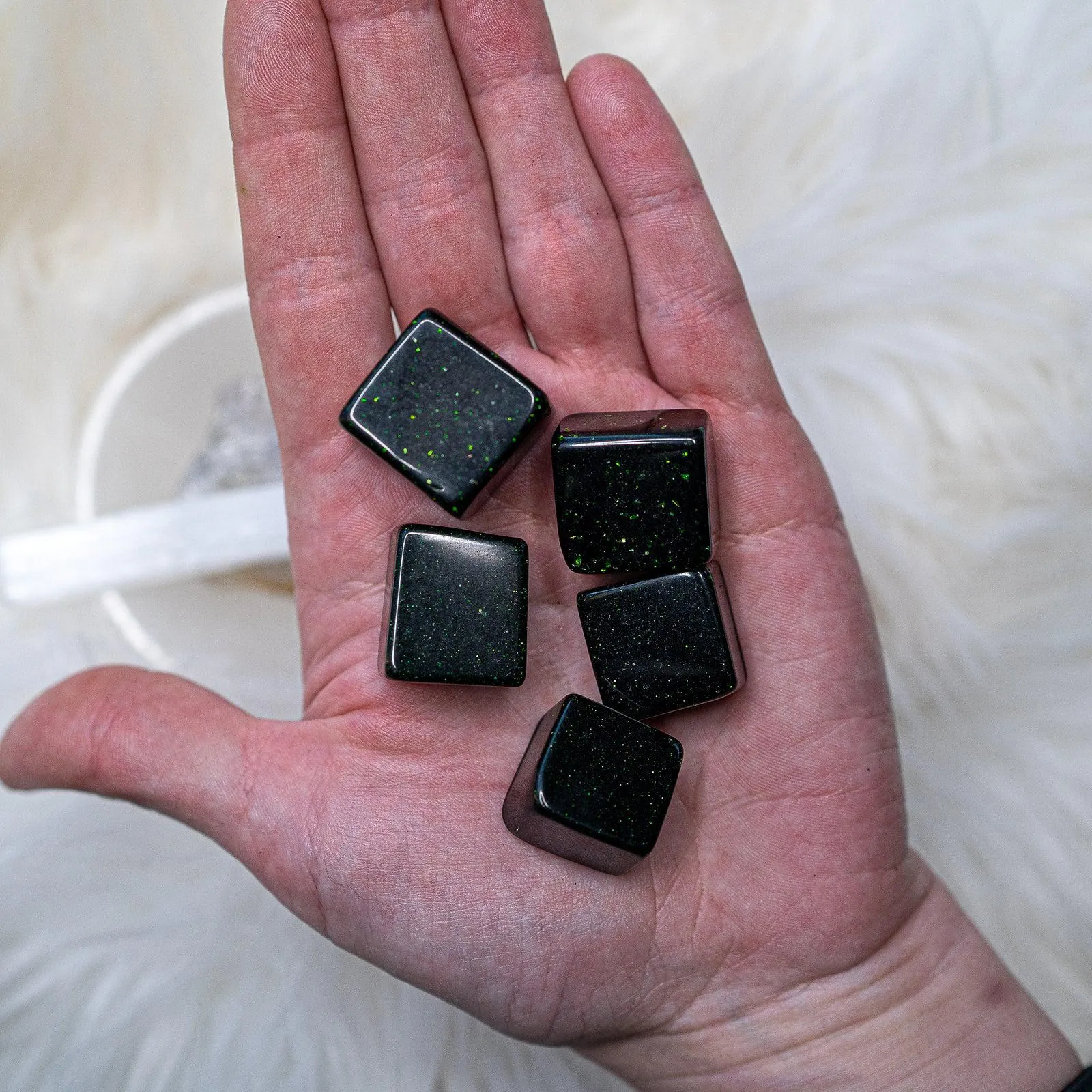 Dazzling and Shimmering ~ Earthy Green Goldstone set of 5 Tumbled Stones