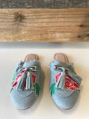 Denim Slide-Ons with Floral Detail - Women’s Shoes