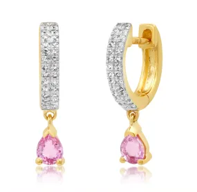 Diamond Huggies with Pink Sapphire Tear Drop