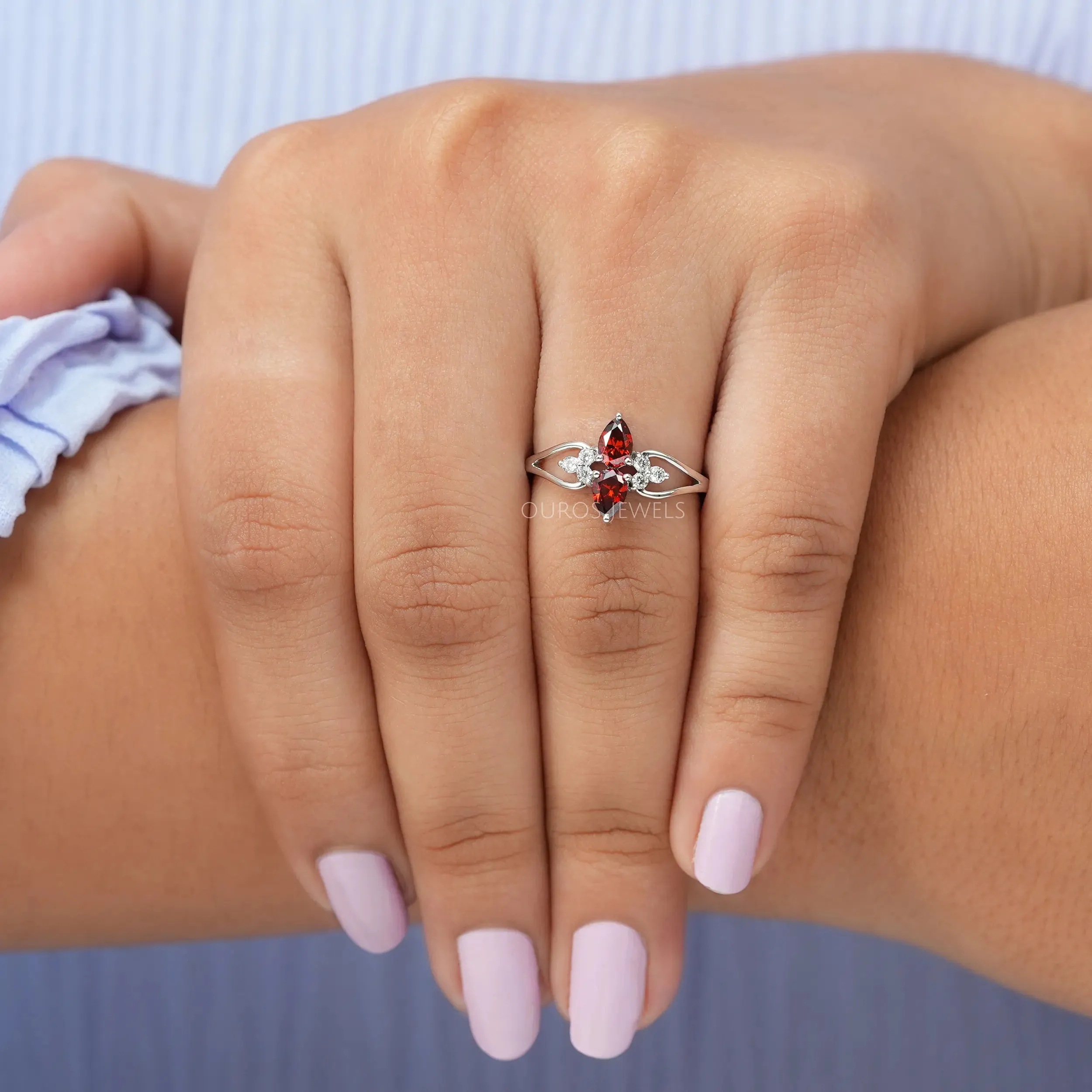 Fancy Red Pear Cluster Diamond Dainty Ring